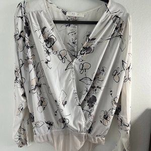 ASTR The Label Long Sleeve Drape Front Wrap White Floral Bodysuit